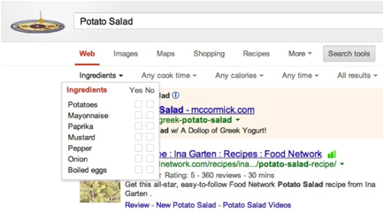 Title: Demo of potato salad recipe search on Google - Description: Demo of potato salad recipe search on Google To experience the same search go to: https://www.google.com/#q=potato+salad&tbm=rcp&tbs=rcp_tt:15,rcp_cal:100